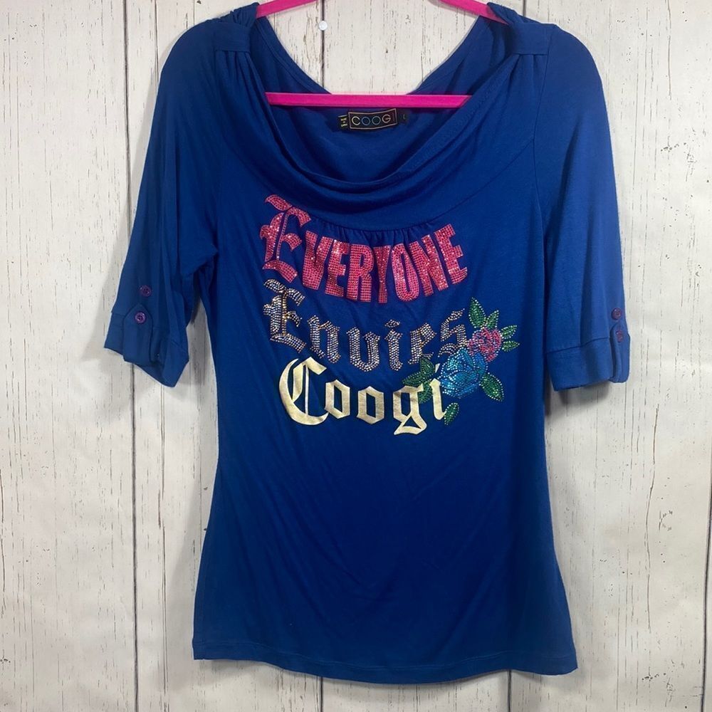 Coogi Top Womens Large Blue Rhinestones Logo Round Neck Short Sleeve